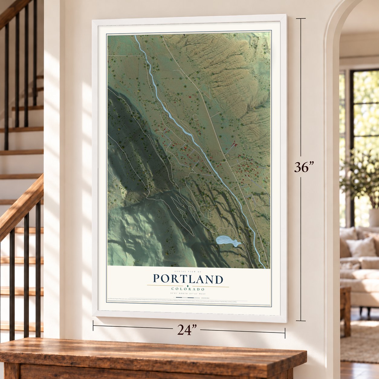 Portland, Colorado map, 24 x 36 inch print in a white frame by a staircase
