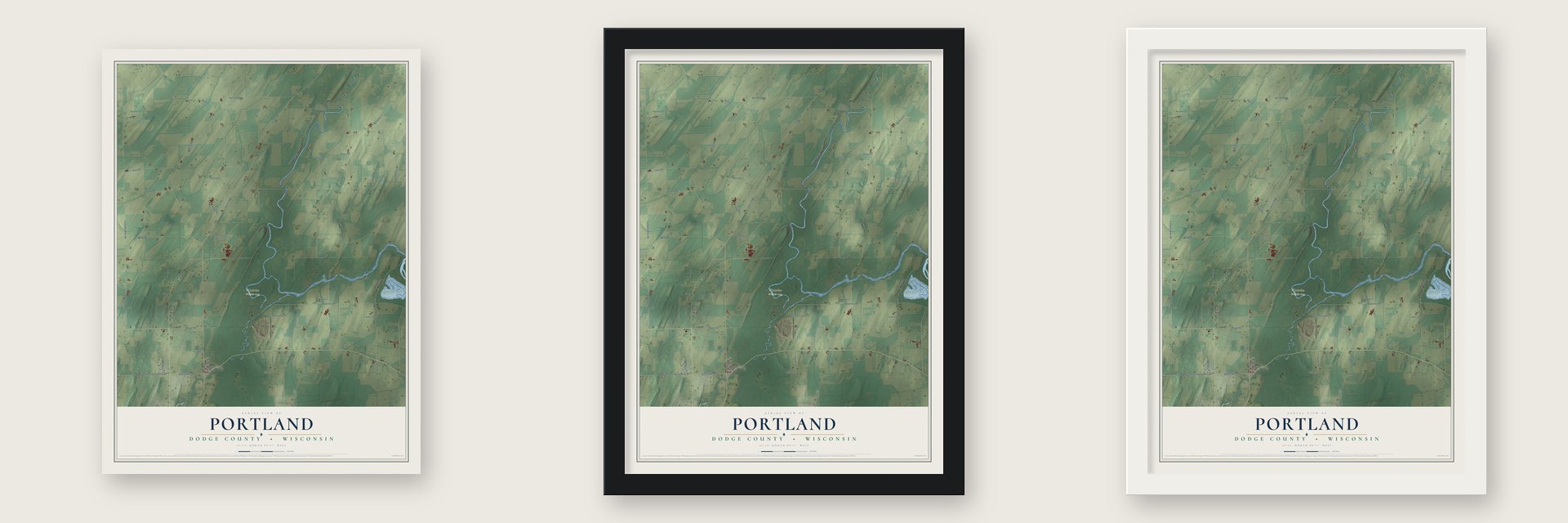 Portland, Dodge County, Wisconsin map unframed, in a black wood frame and in a white wood frame