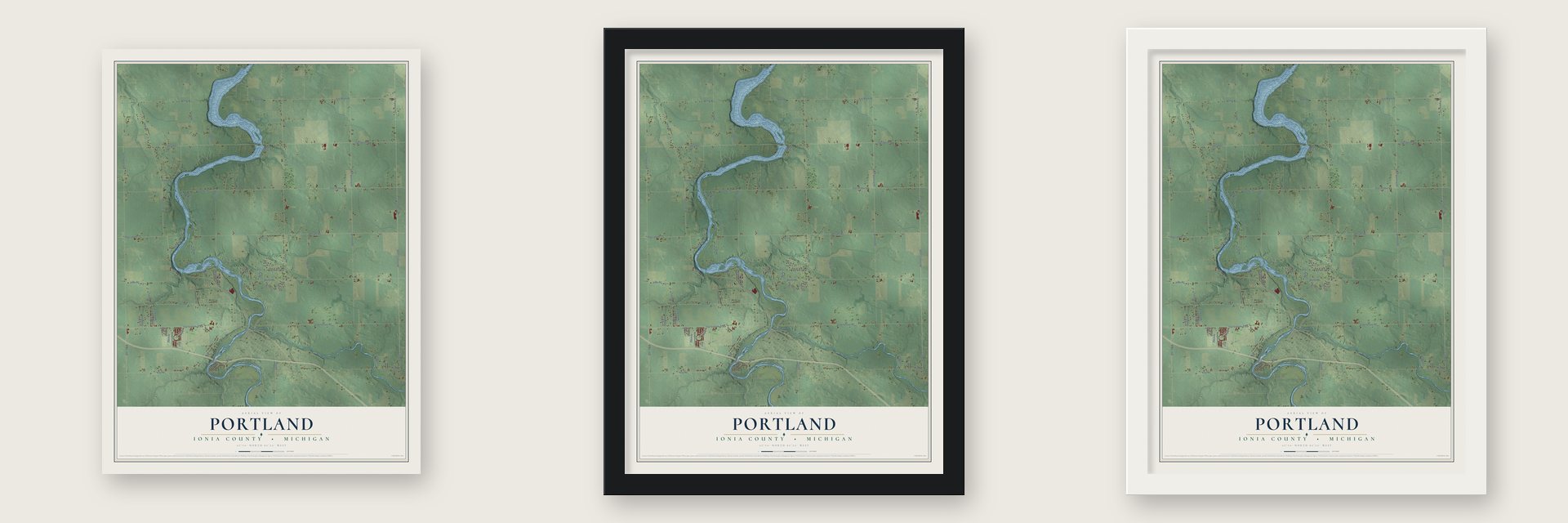 Portland, Ionia County, Michigan map unframed, in a black wood frame and in a white wood frame