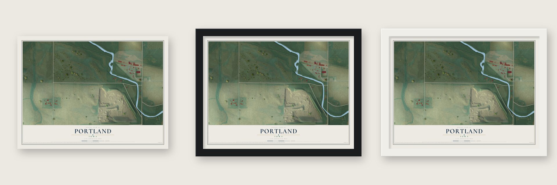 Portland, Iowa map unframed, in a black wood frame and in a white wood frame