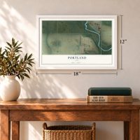 Portland, Iowa map, 12 x 18 inch print in a white frame in an entryway