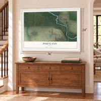 Portland, Iowa map, 24 x 36 inch print in a white frame above a dresser by a staircase