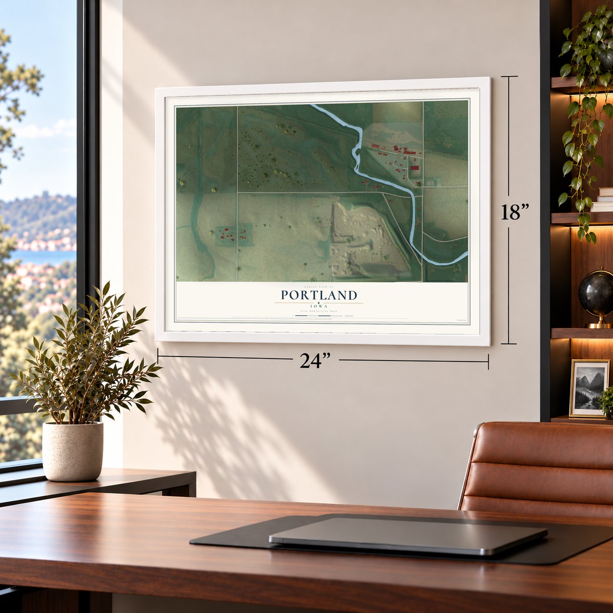 Portland, Iowa map, 18 x 24 inch print in a white frame in a home office