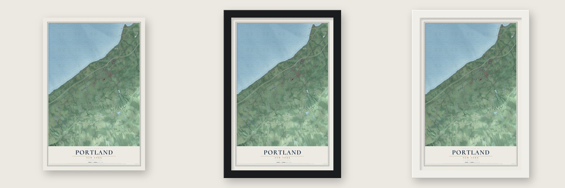 Portland, New York map unframed, in a black wood frame and in a white wood frame
