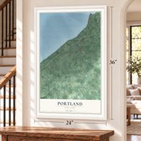 Portland, New York map, 24 x 36 inch print in a white frame by a staircase
