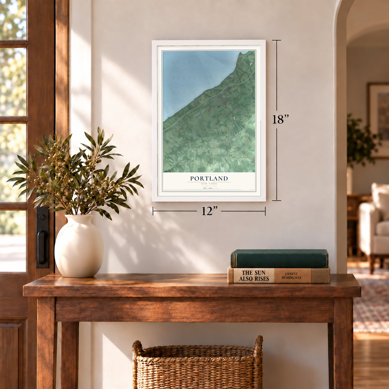 Portland, New York map, 12 x 18 inch print in a white frame in an entryway