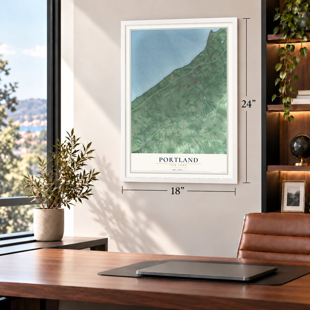 Portland, New York map, 18 x 24 inch print in a white frame in a home office