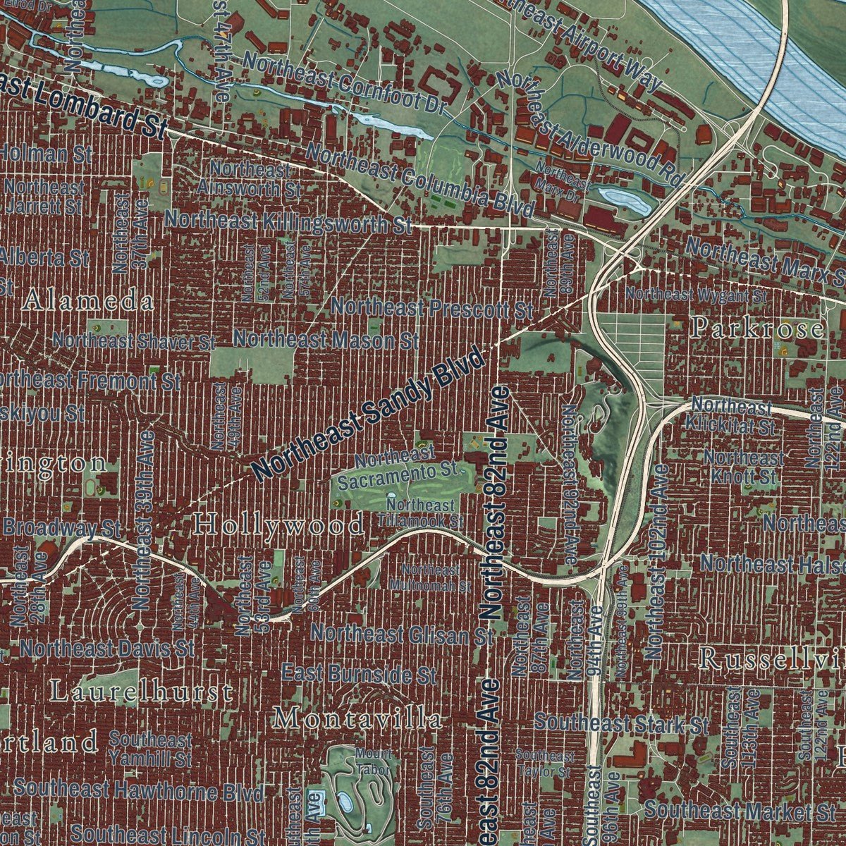 Second close-up of the map of Portland, Oregon print showing more streets and buildings