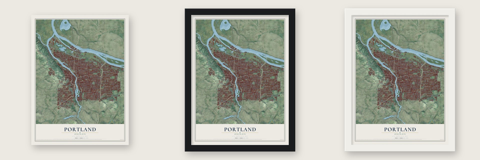 Portland, Oregon map unframed, in a black wood frame and in a white wood frame