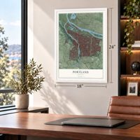 Portland, Oregon map, 18 x 24 inch print in a white frame in a home office