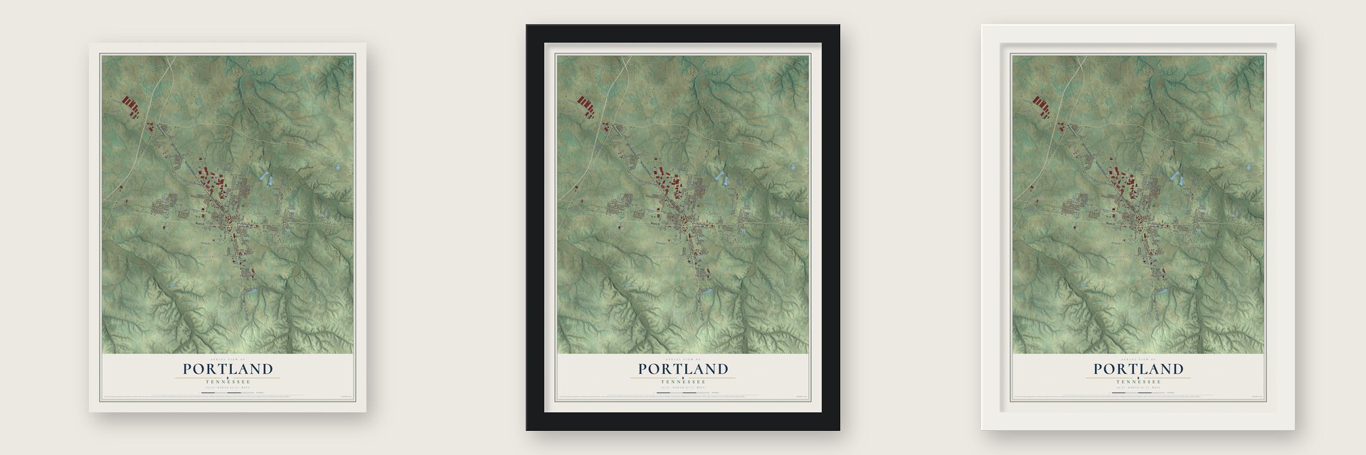 Portland, Tennessee map unframed, in a black wood frame and in a white wood frame