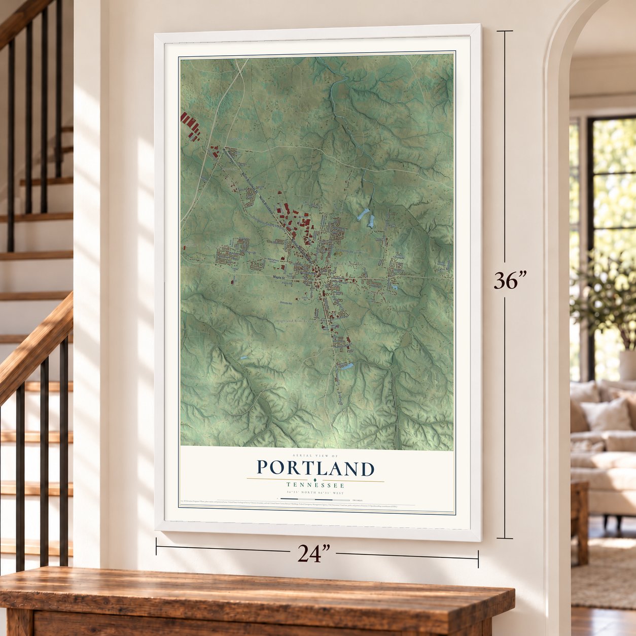 Portland, Tennessee map, 24 x 36 inch print in a white frame by a staircase