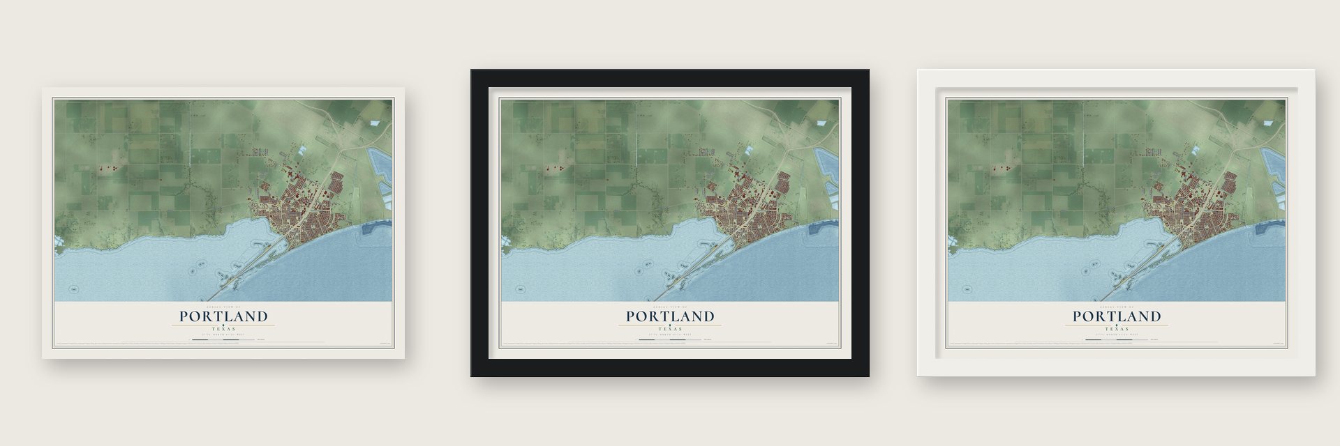 Portland, Texas map unframed, in a black wood frame and in a white wood frame