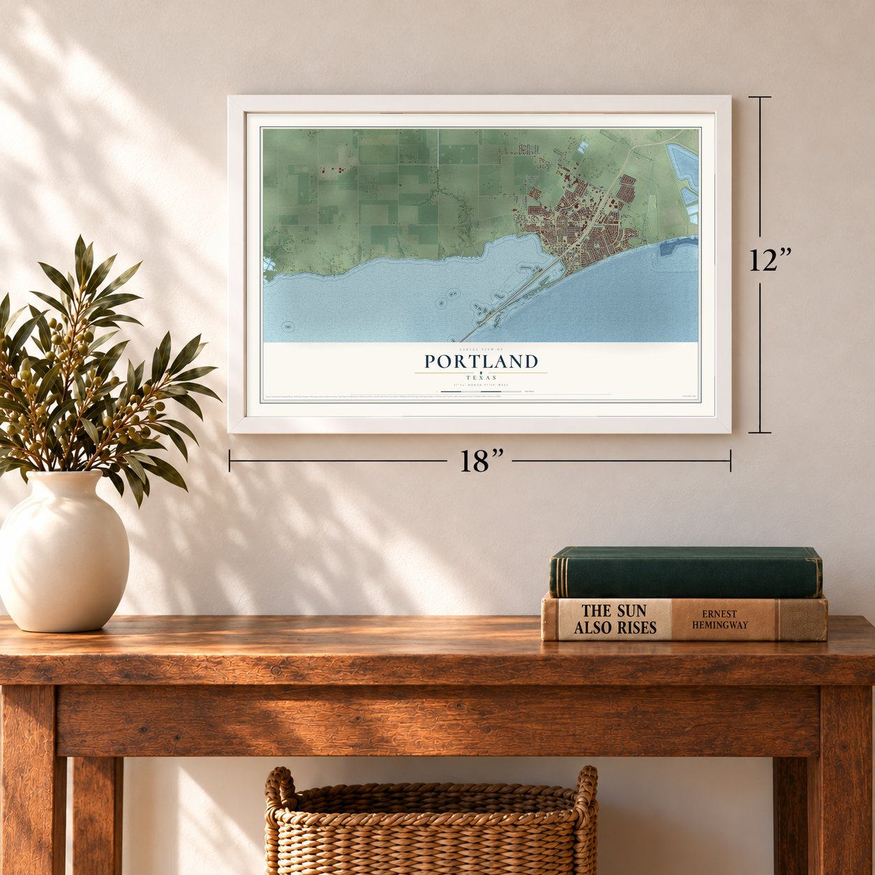 Portland, Texas map, 12 x 18 inch print in a white frame in an entryway