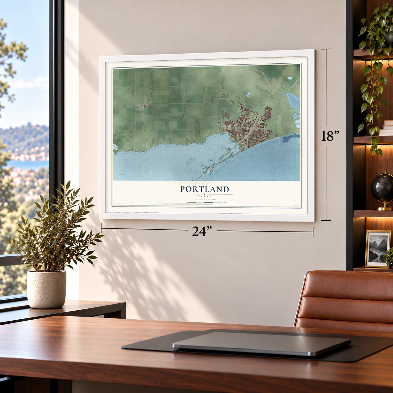 Portland, Texas map, 18 x 24 inch print in a white frame in a home office