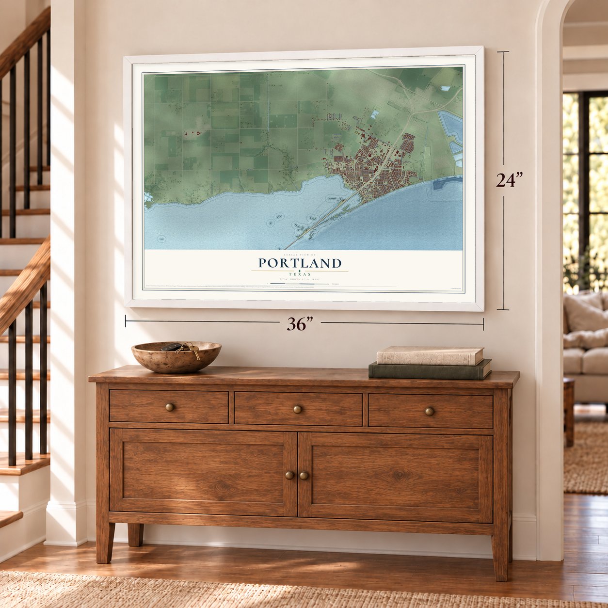 Portland, Texas map, 24 x 36 inch print in a white frame above a dresser by a staircase