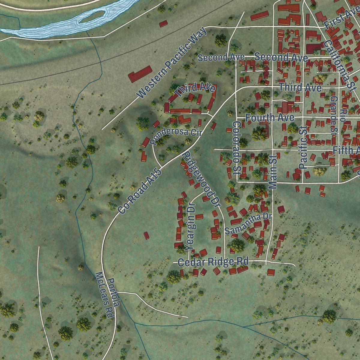 Second close-up of the map of Portola, California print showing more streets and buildings