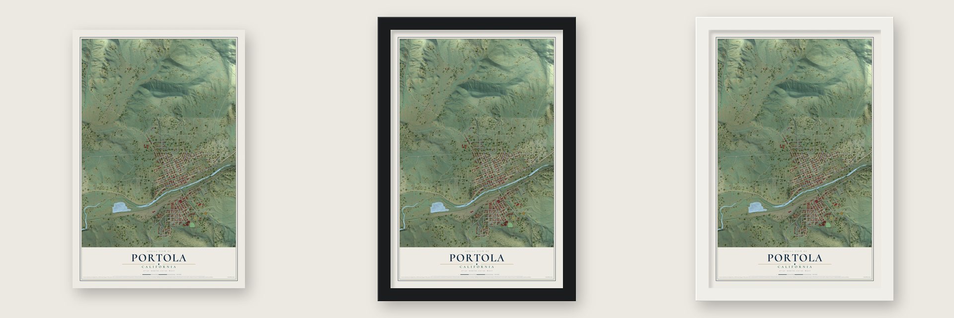 Portola, California map unframed, in a black wood frame and in a white wood frame