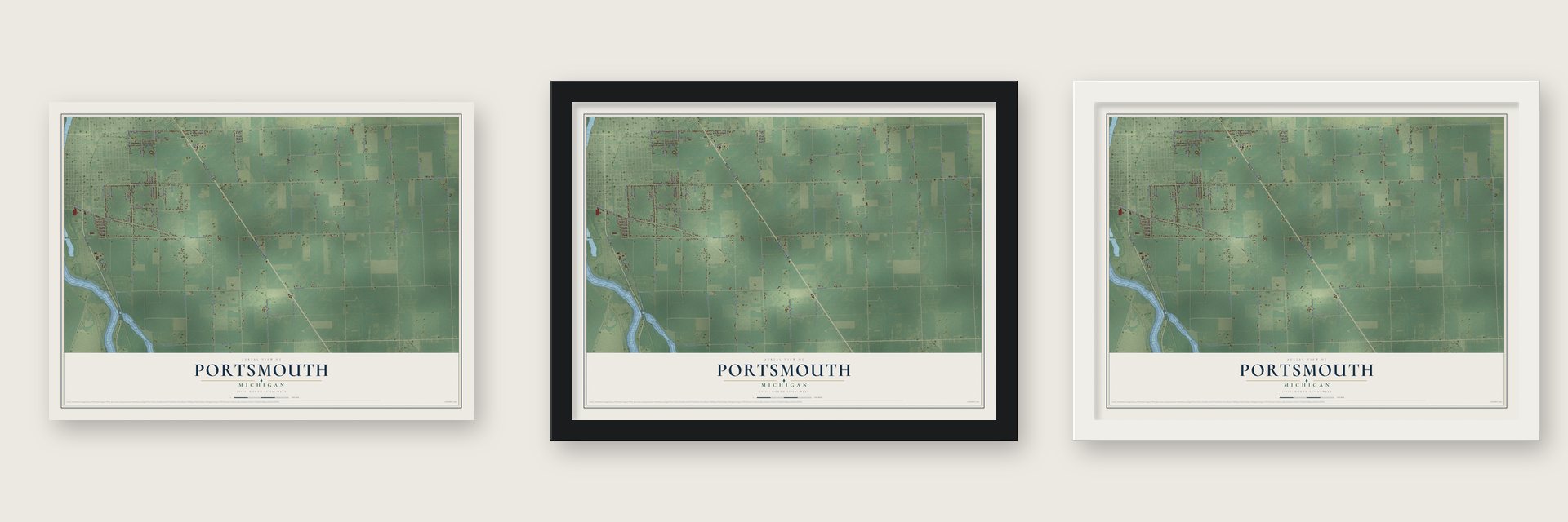 Portsmouth, Michigan map unframed, in a black wood frame and in a white wood frame