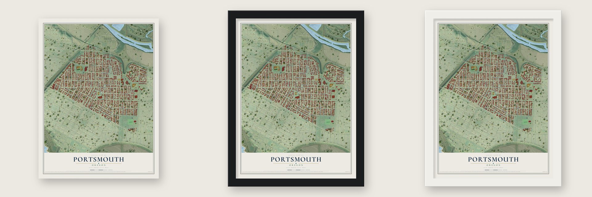Portsmouth, Oregon map unframed, in a black wood frame and in a white wood frame