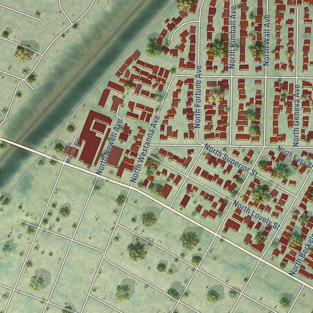 Second close-up of the map of Portsmouth, Oregon print showing more streets and buildings