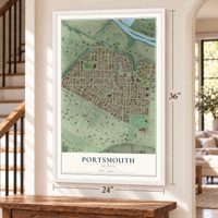 Portsmouth, Oregon map, 24 x 36 inch print in a white frame by a staircase