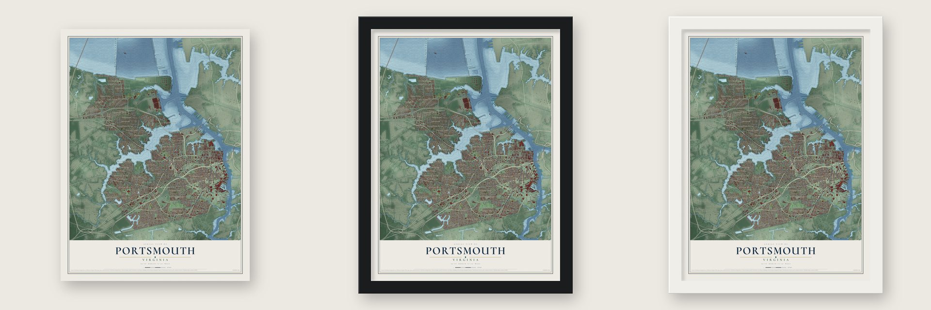 Portsmouth, Virginia map unframed, in a black wood frame and in a white wood frame