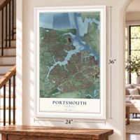 Portsmouth, Virginia map, 24 x 36 inch print in a white frame by a staircase