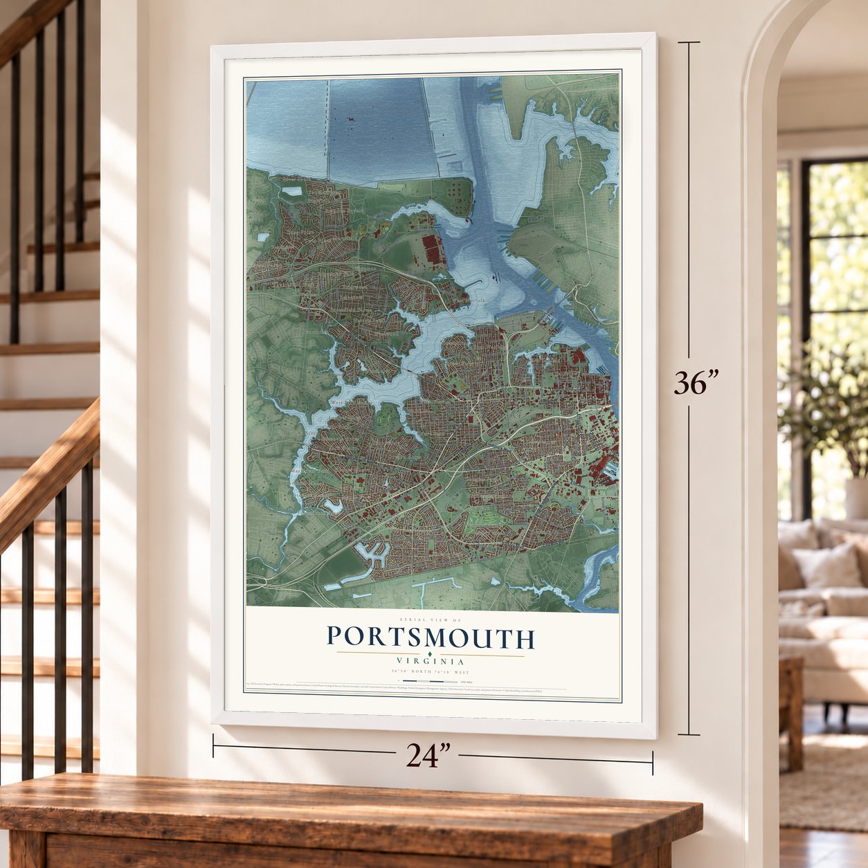 Portsmouth, Virginia map, 24 x 36 inch print in a white frame by a staircase
