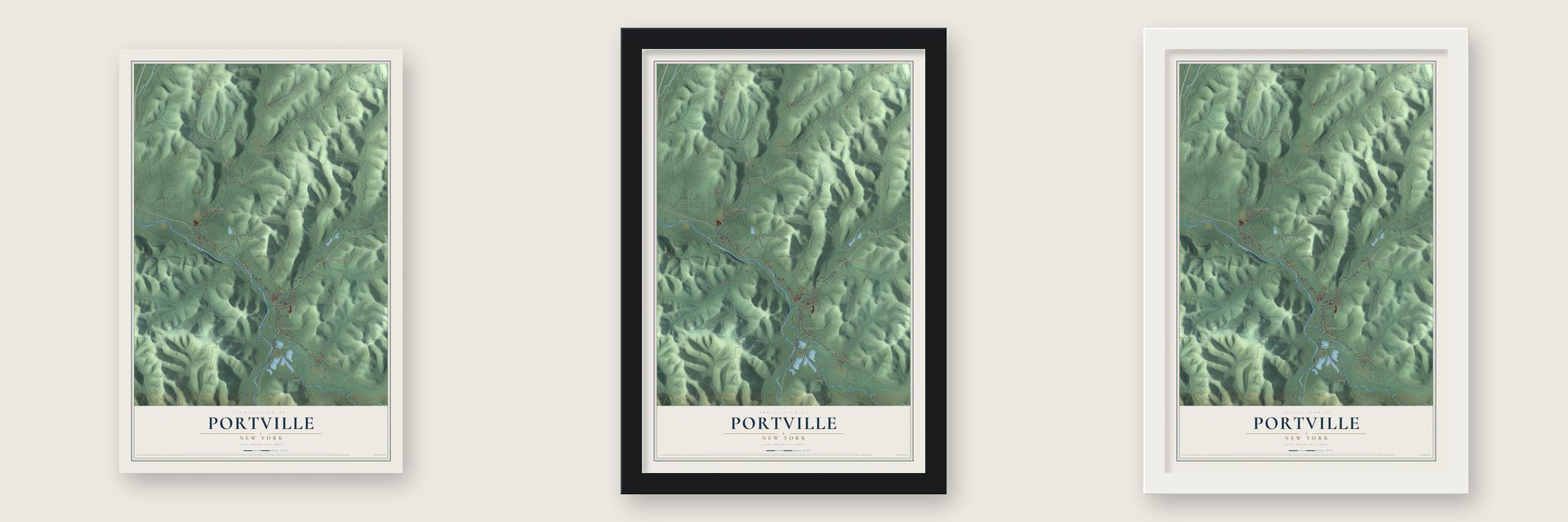 Portville, New York map unframed, in a black wood frame and in a white wood frame
