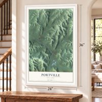 Portville, New York map, 24 x 36 inch print in a white frame by a staircase