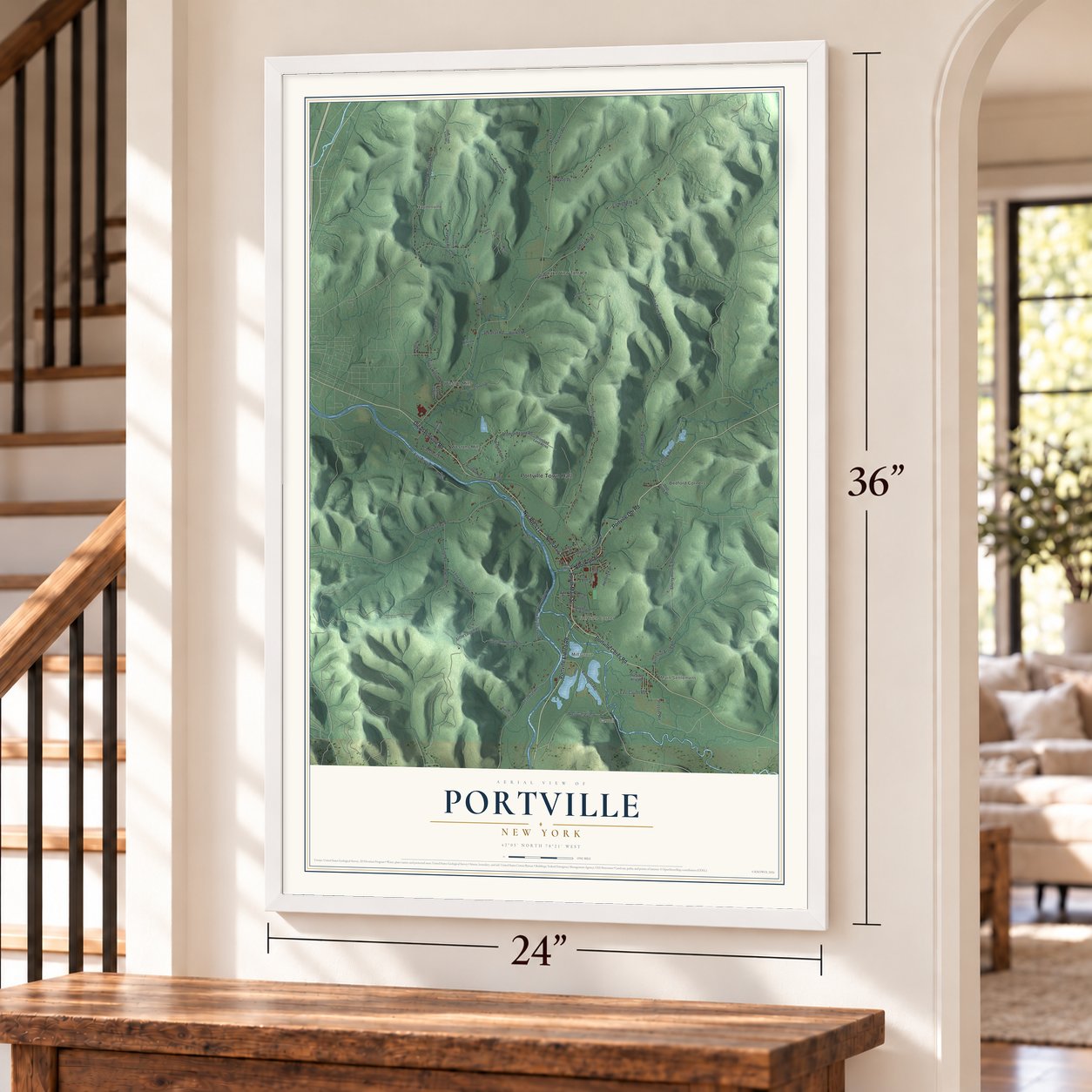 Portville, New York map, 24 x 36 inch print in a white frame by a staircase