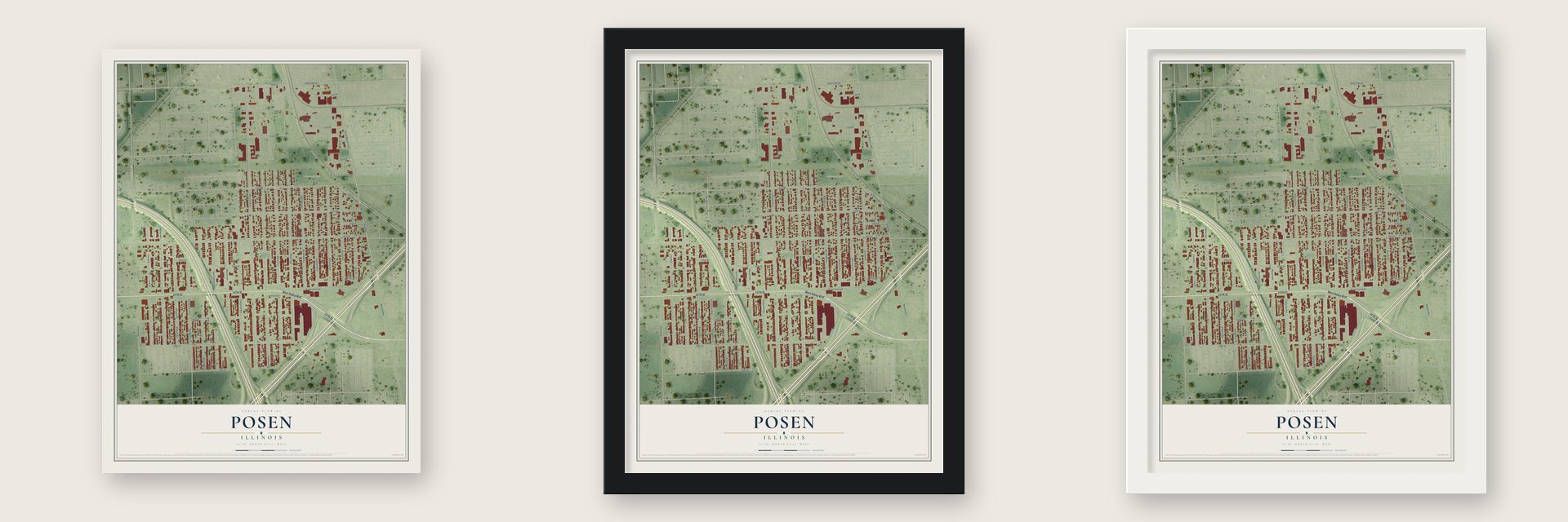 Posen, Illinois map unframed, in a black wood frame and in a white wood frame