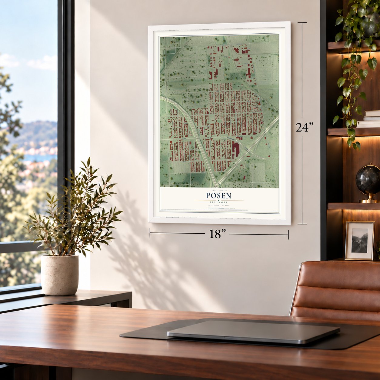 Posen, Illinois map, 18 x 24 inch print in a white frame in a home office