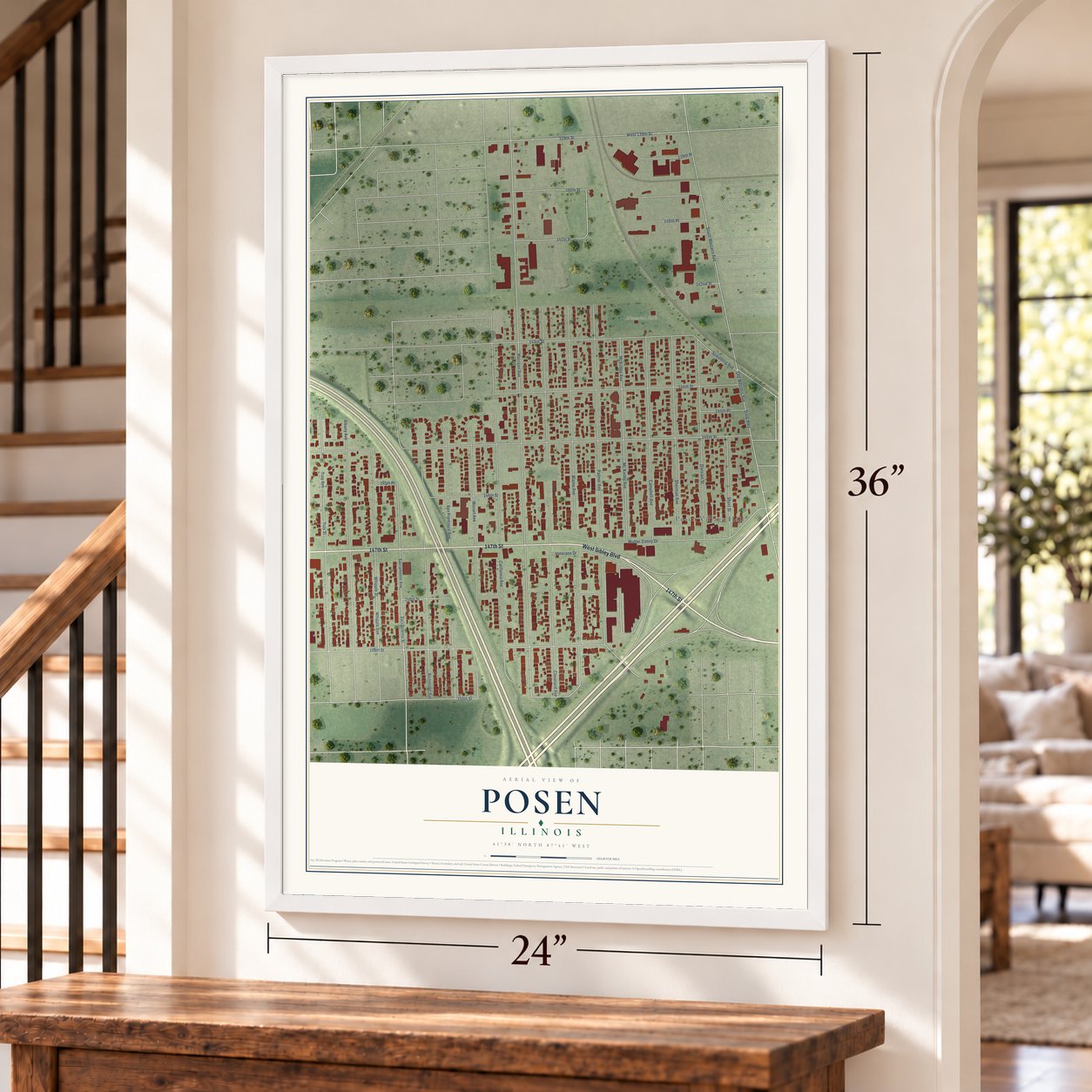 Posen, Illinois map, 24 x 36 inch print in a white frame by a staircase