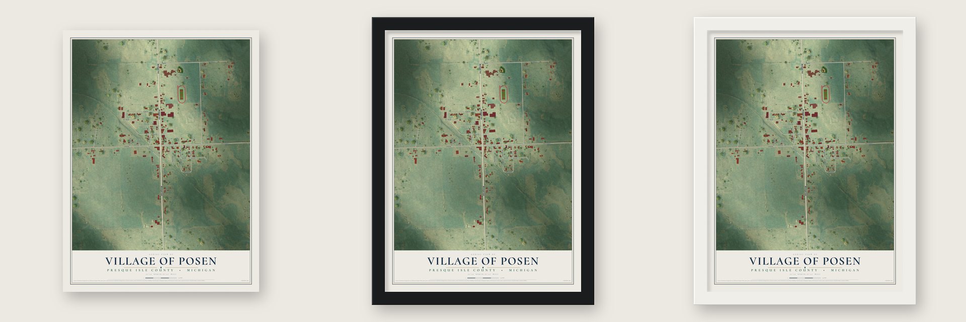 Posen, Michigan map unframed, in a black wood frame and in a white wood frame