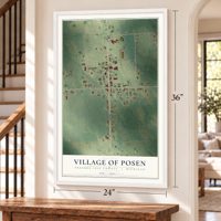Posen, Michigan map, 24 x 36 inch print in a white frame by a staircase
