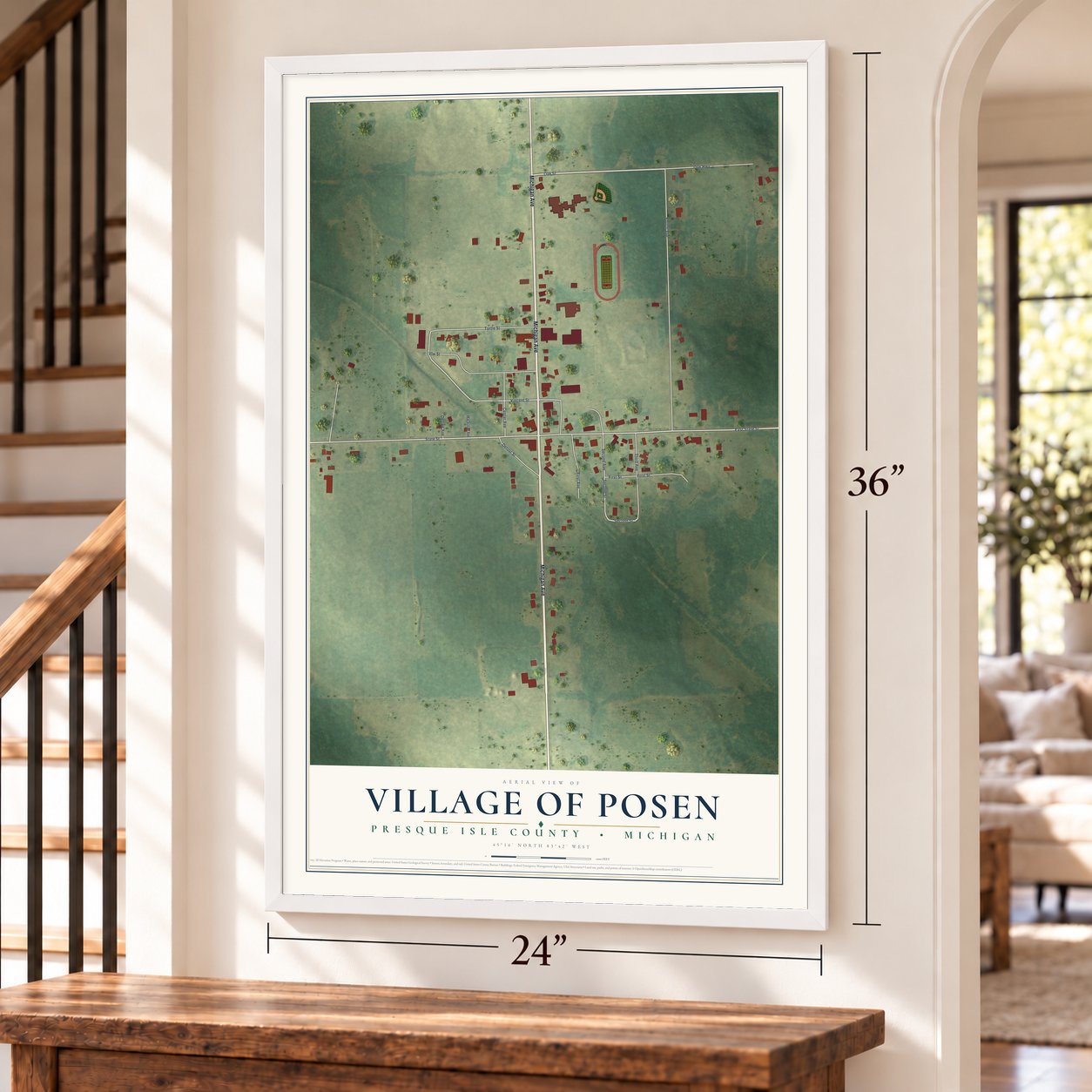 Posen, Michigan map, 24 x 36 inch print in a white frame by a staircase