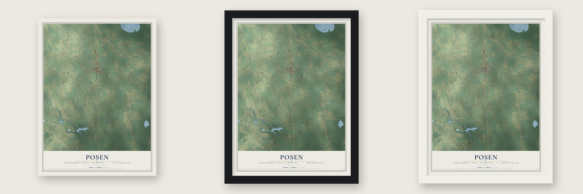 Posen, Presque Isle County, Michigan map unframed, in a black wood frame and in a white wood frame