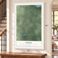 Posen, Presque Isle County, Michigan map, 24 x 36 inch print in a white frame by a staircase