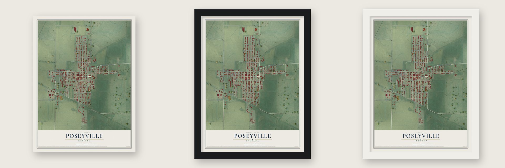 Poseyville, Indiana map unframed, in a black wood frame and in a white wood frame