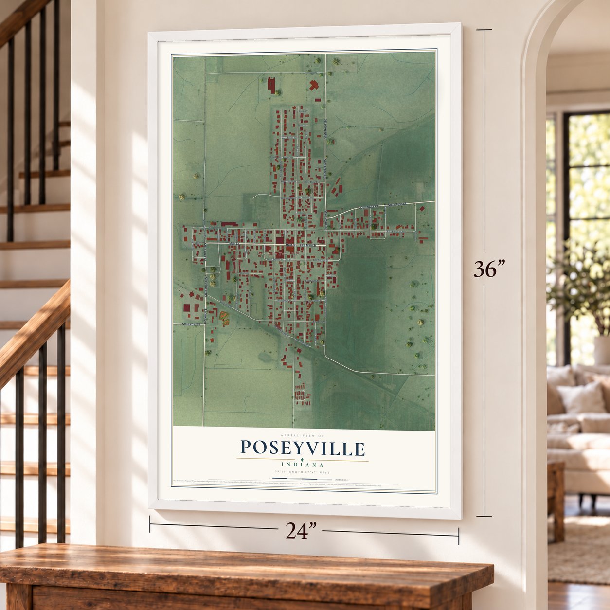 Poseyville, Indiana map, 24 x 36 inch print in a white frame by a staircase