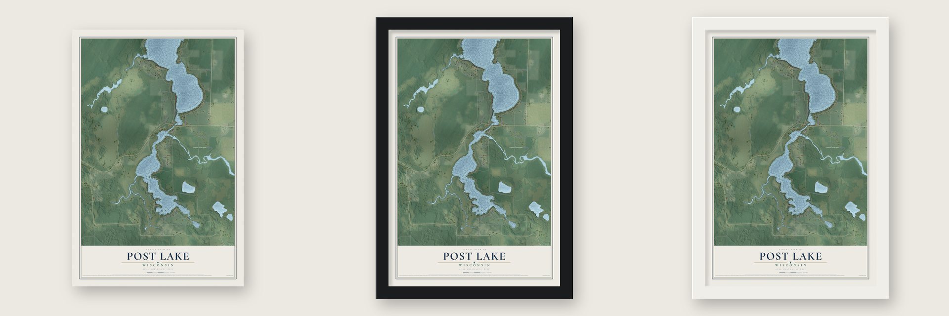 Post Lake, Wisconsin map unframed, in a black wood frame and in a white wood frame