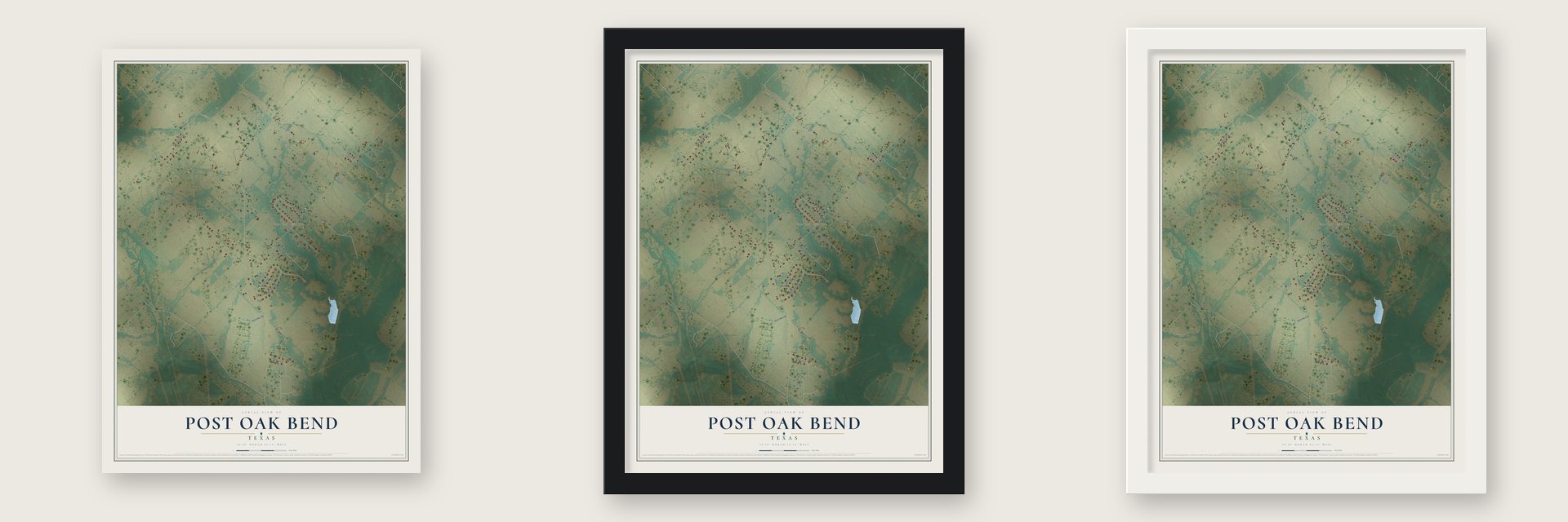 Post Oak Bend, Texas map unframed, in a black wood frame and in a white wood frame