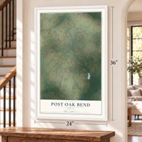 Post Oak Bend, Texas map, 24 x 36 inch print in a white frame by a staircase