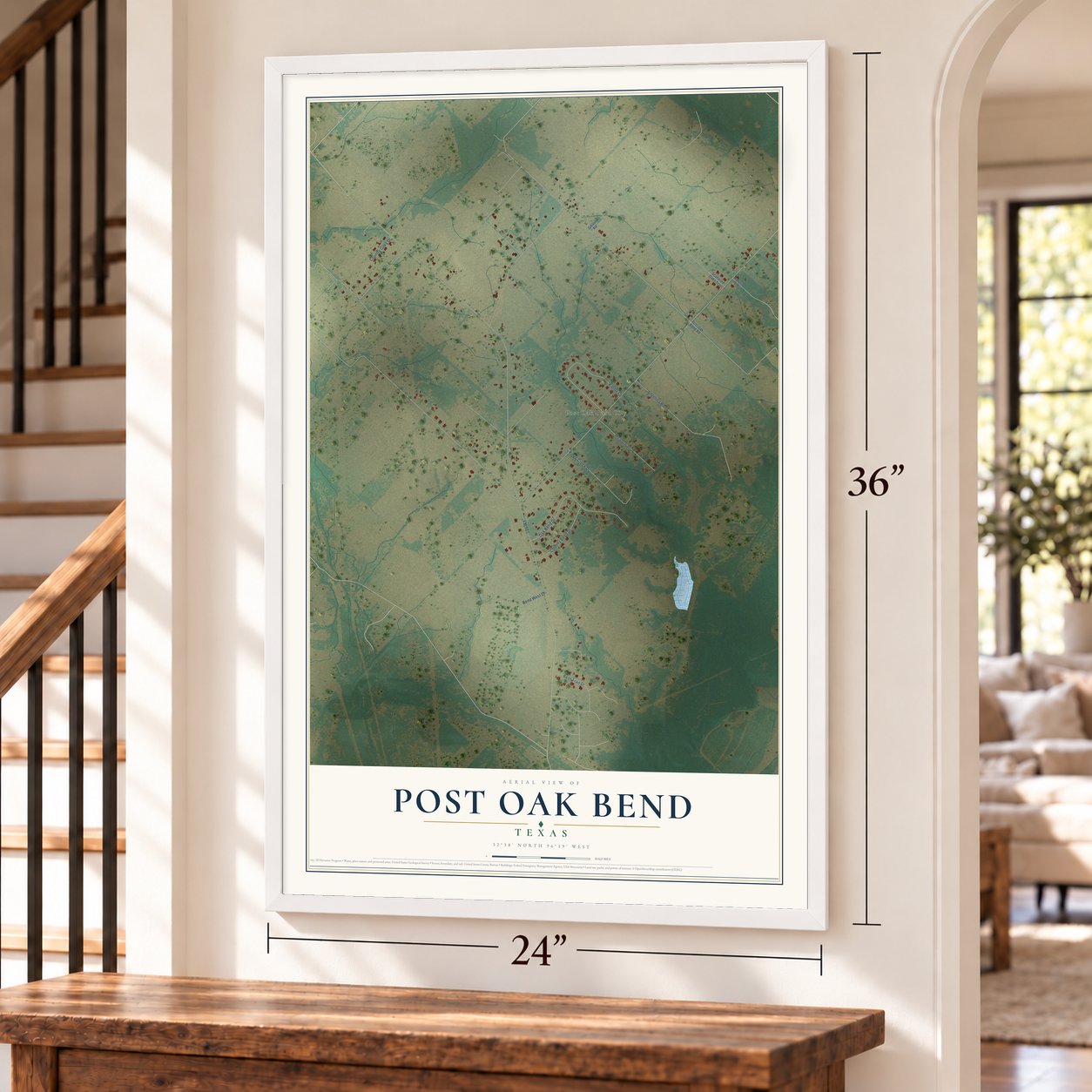 Post Oak Bend, Texas map, 24 x 36 inch print in a white frame by a staircase