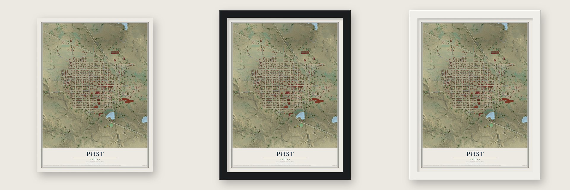 Post, Texas map unframed, in a black wood frame and in a white wood frame