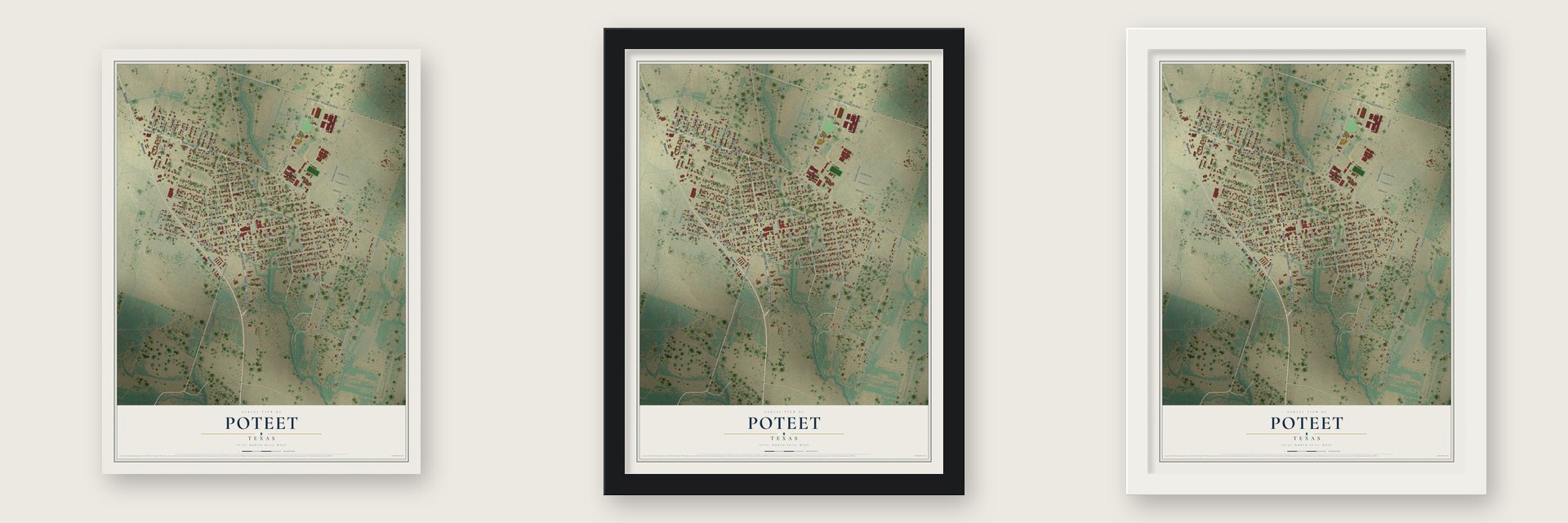 Poteet, Texas map unframed, in a black wood frame and in a white wood frame
