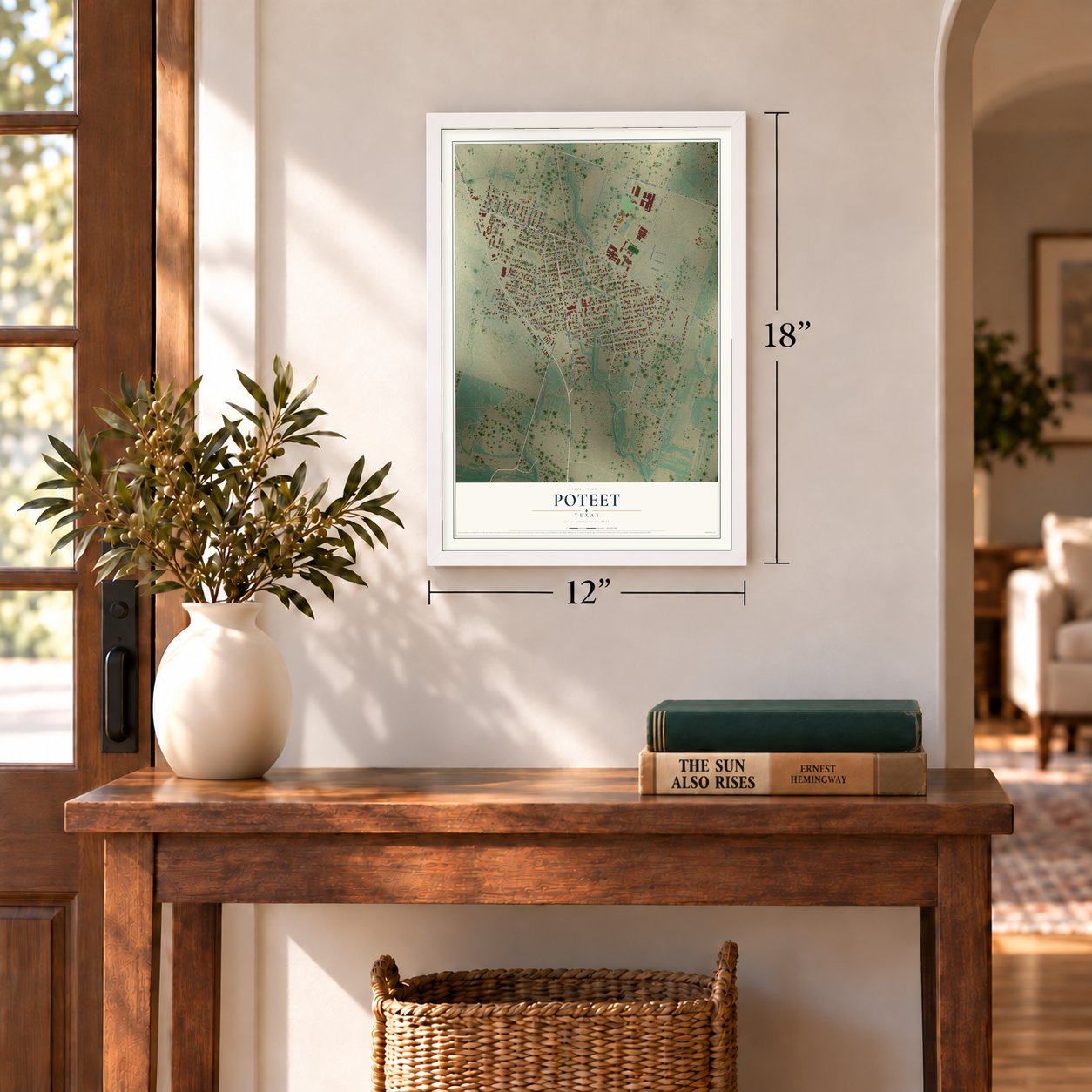 Poteet, Texas map, 12 x 18 inch print in a white frame in an entryway