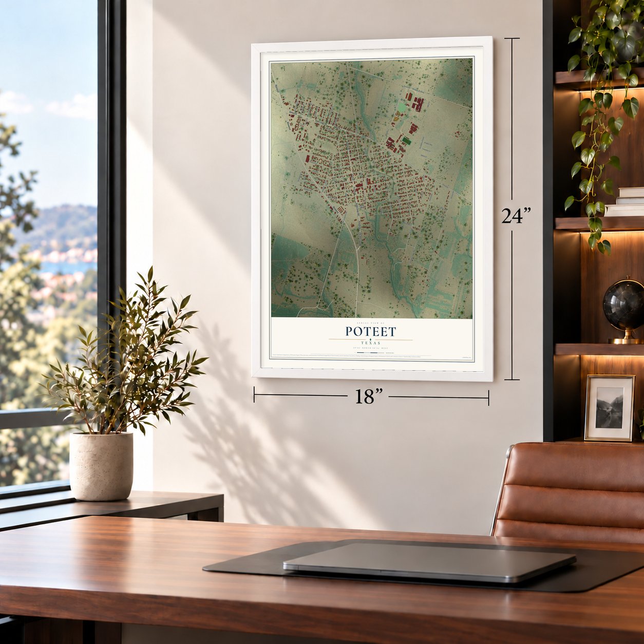 Poteet, Texas map, 18 x 24 inch print in a white frame in a home office